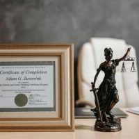A framed legal certificate and Lady Justice figurine on a desk in a law office setting.